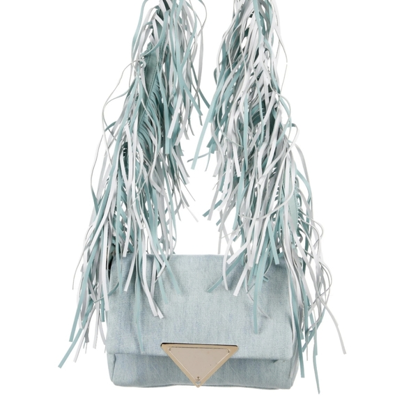 Sara Battaglia Handbags - Sara Battaglia Italian Blue Leather Fringe & Denim Shoulder Bag Handbag